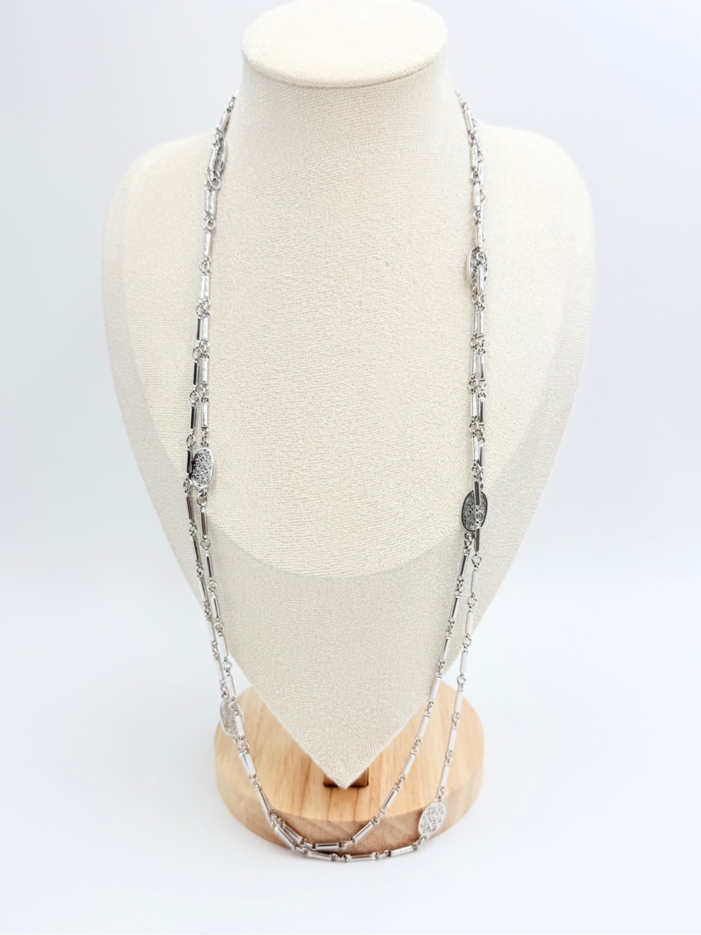 Monet Vintage Silver Tone Long Chain Necklace Filigree Stations Layering
